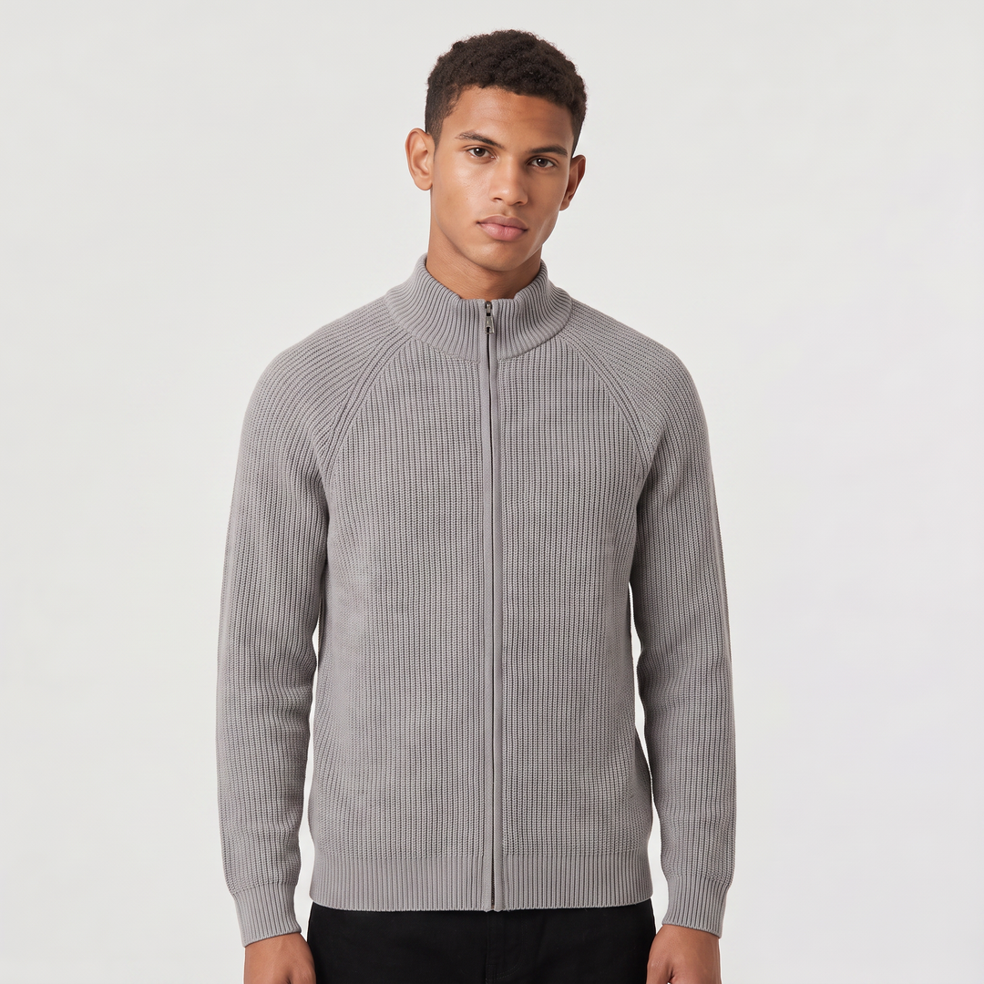 Men's Full Zip Ribbed Cardigan Relaxed Fit Long Sleeve Stand Collar Knit Layering Top