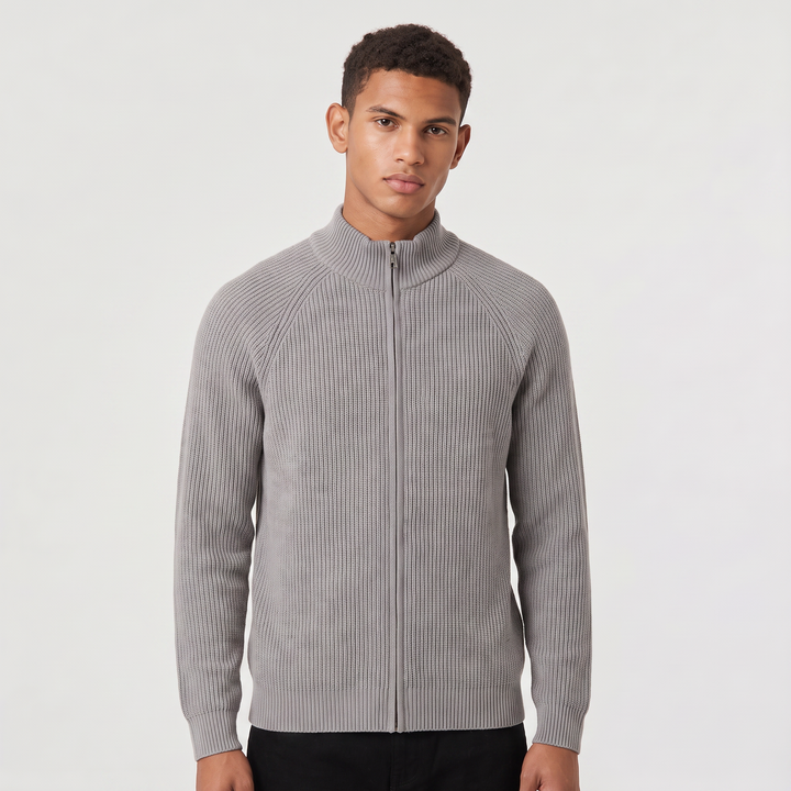 Men's Full Zip Ribbed Cardigan Relaxed Fit Long Sleeve Stand Collar Knit Layering Top