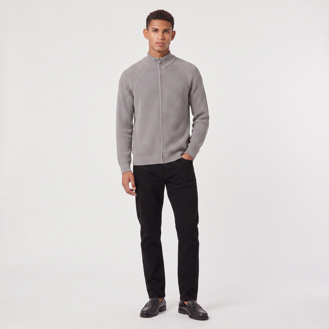Men's Full Zip Ribbed Cardigan Relaxed Fit Long Sleeve Stand Collar Knit Layering Top