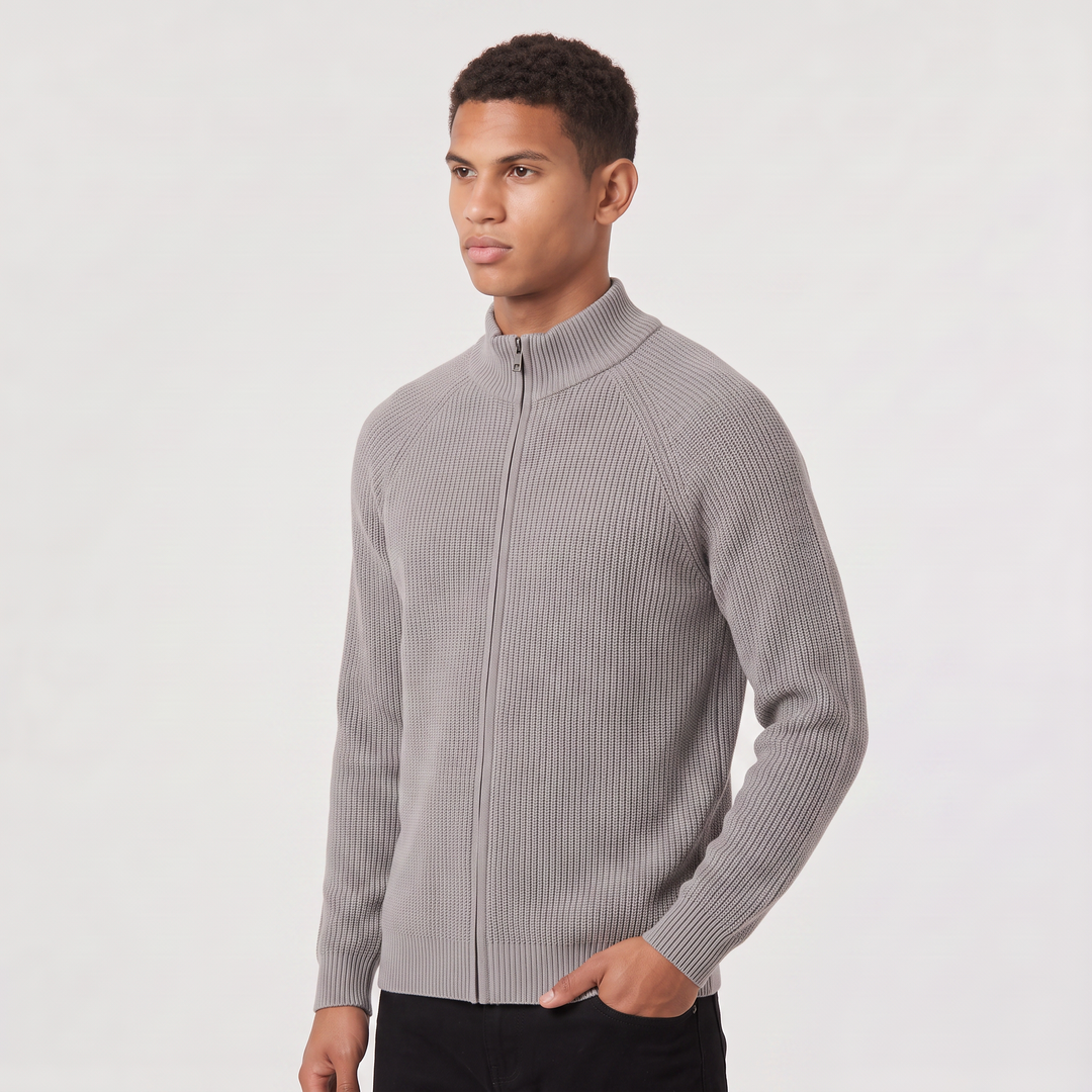 Men's Full Zip Ribbed Cardigan Relaxed Fit Long Sleeve Stand Collar Knit Layering Top