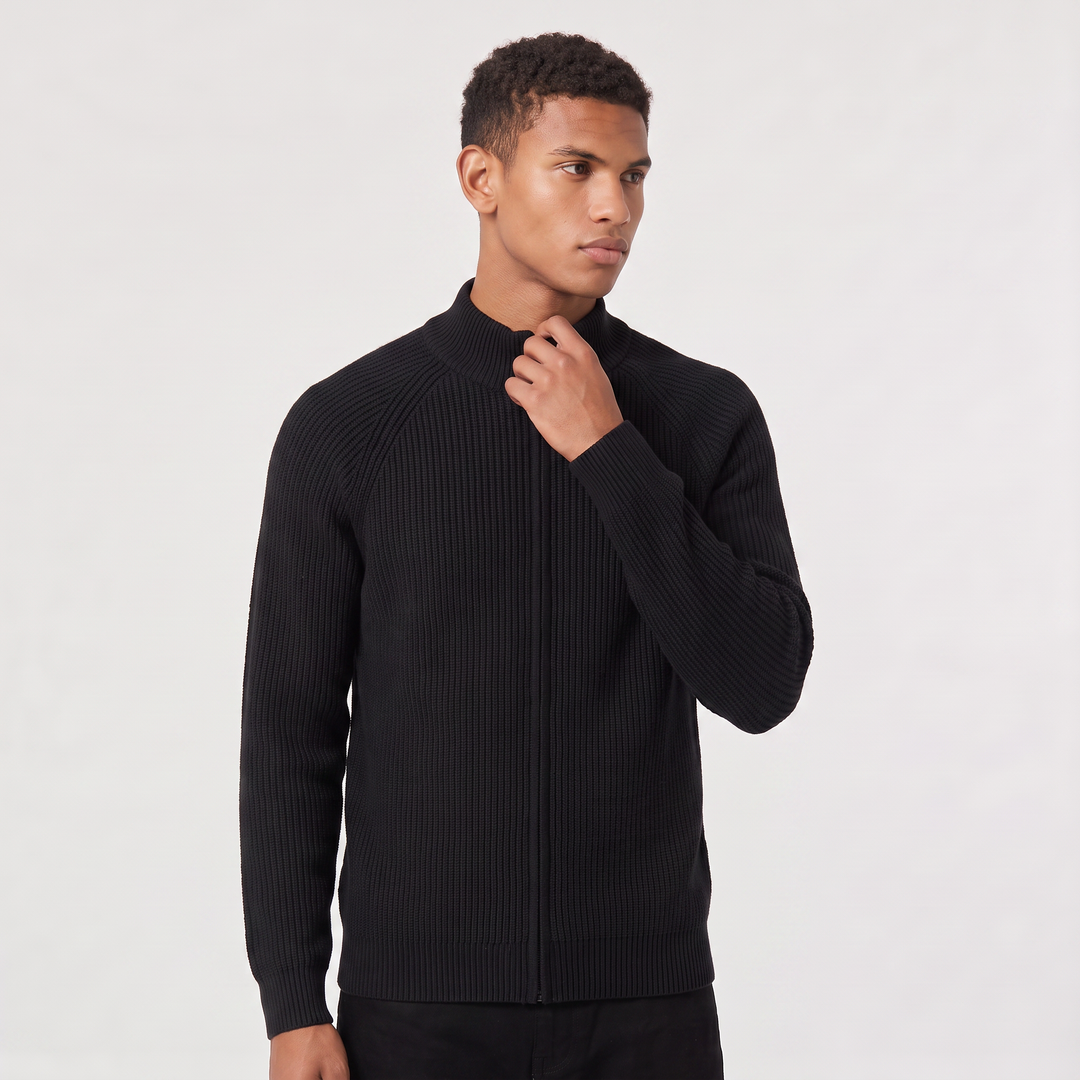Men's Full Zip Ribbed Cardigan Relaxed Fit Long Sleeve Stand Collar Knit Layering Top