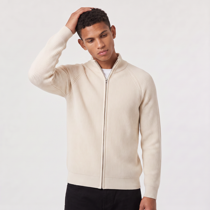 Men's Full Zip Ribbed Cardigan Relaxed Fit Long Sleeve Stand Collar Knit Layering Top