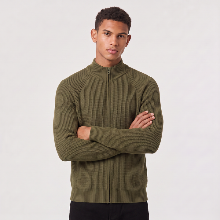 Men's Full Zip Ribbed Cardigan Relaxed Fit Long Sleeve Stand Collar Knit Layering Top