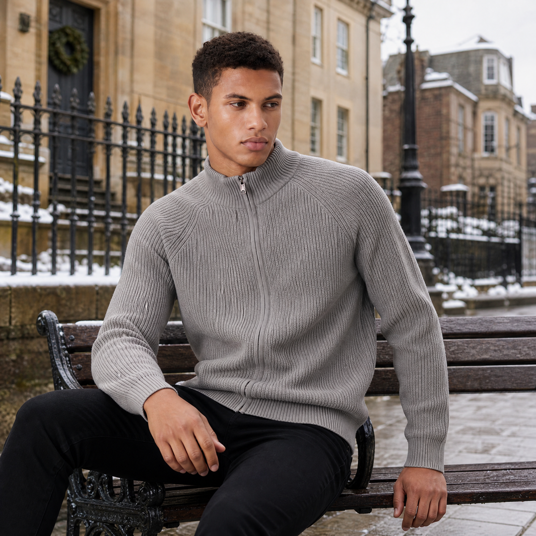 Men's Full Zip Ribbed Cardigan Relaxed Fit Long Sleeve Stand Collar Knit Layering Top