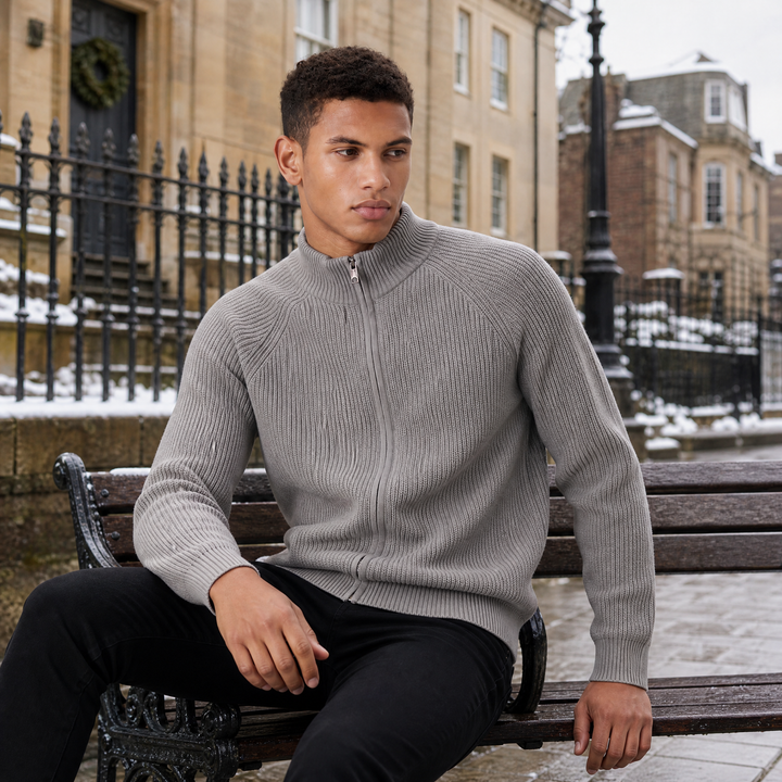 Men's Full Zip Ribbed Cardigan Relaxed Fit Long Sleeve Stand Collar Knit Layering Top