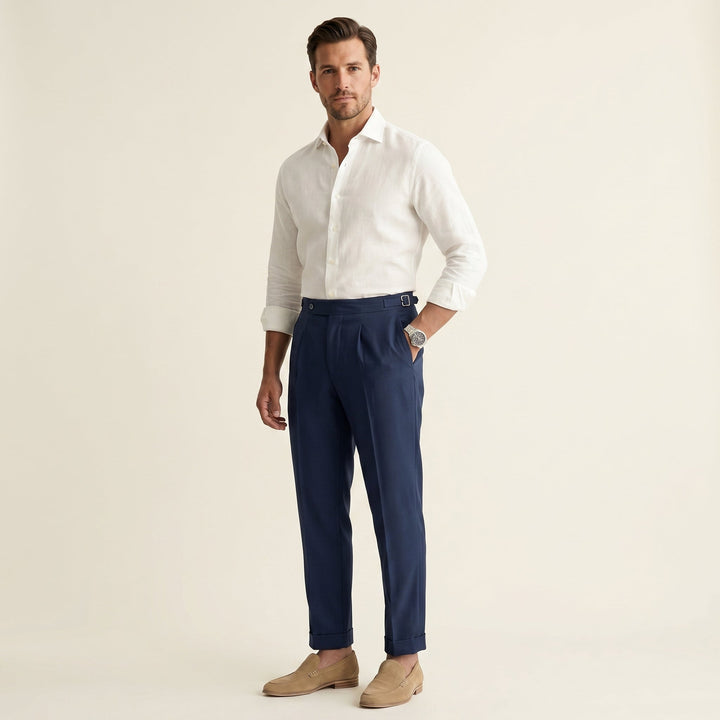 Men's High-Waist Trousers Tailored Pleated Straight Leg Flat-Front Smart-Casual Office Formal Business Sylvester