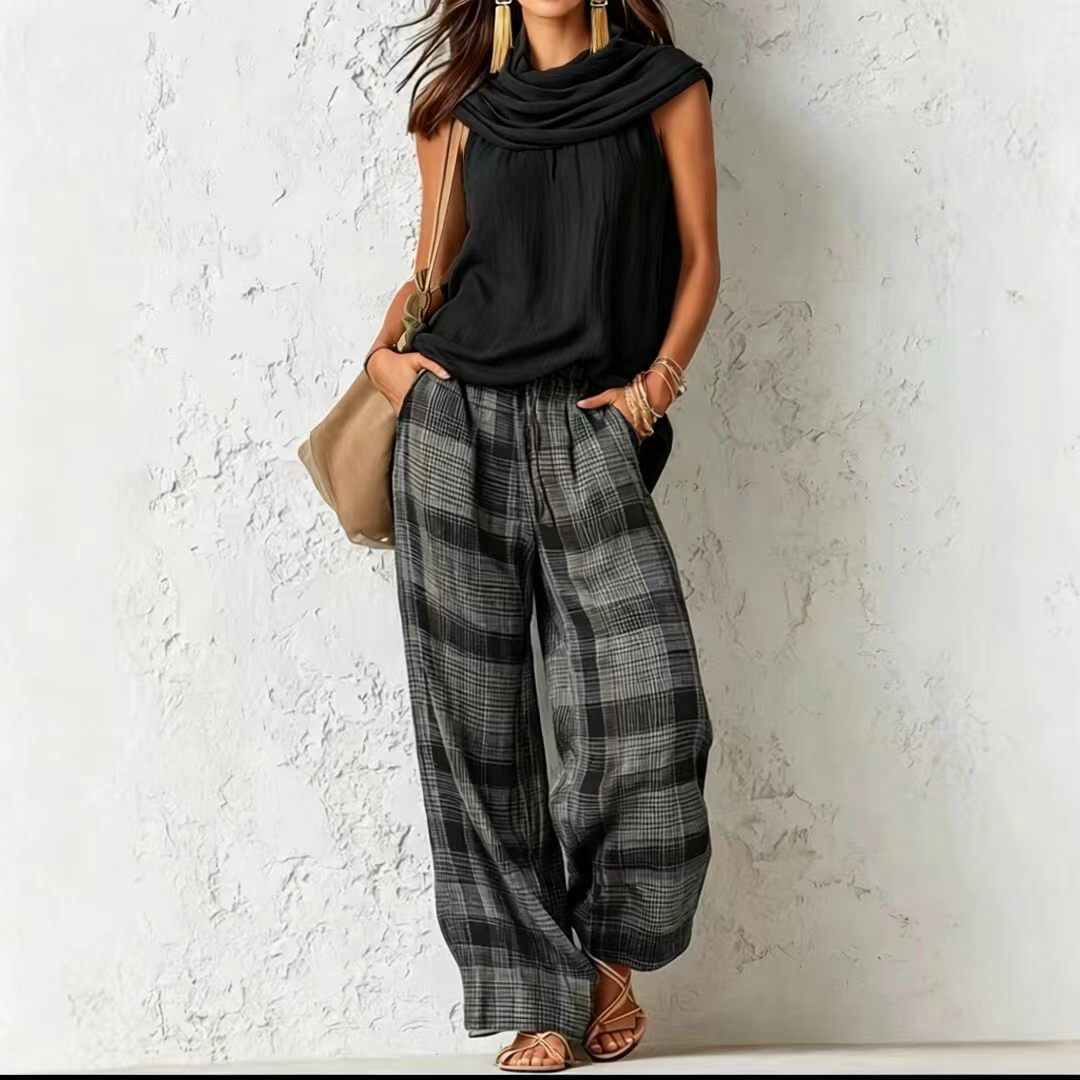 Plaid Wide-Leg Trousers Set
