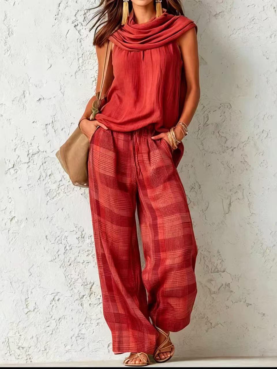 Plaid Wide-Leg Trousers Set
