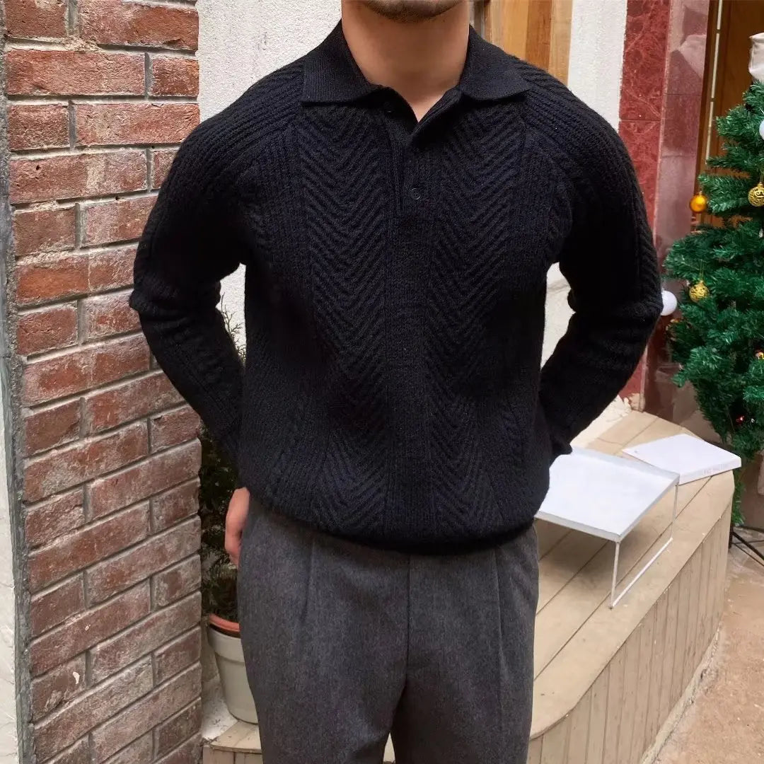 Men's Knit Polo Jumper Regular Fit Long Sleeve Collared Casual Everyday