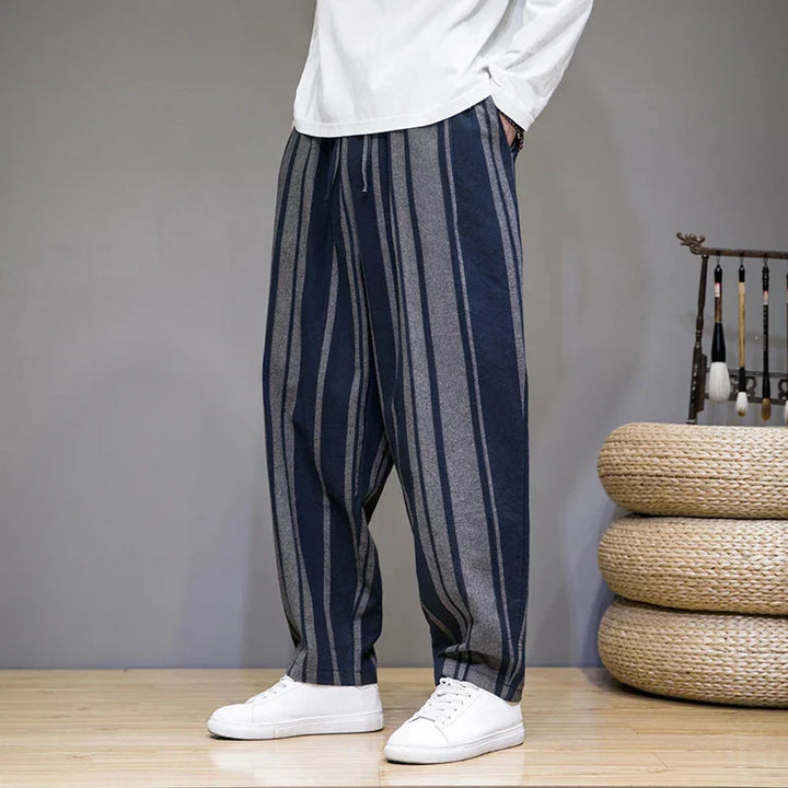 Men's Cropped Trousers Striped Linen Drawstring Elastic Waist Breathable Summer Holiday Casual Beau