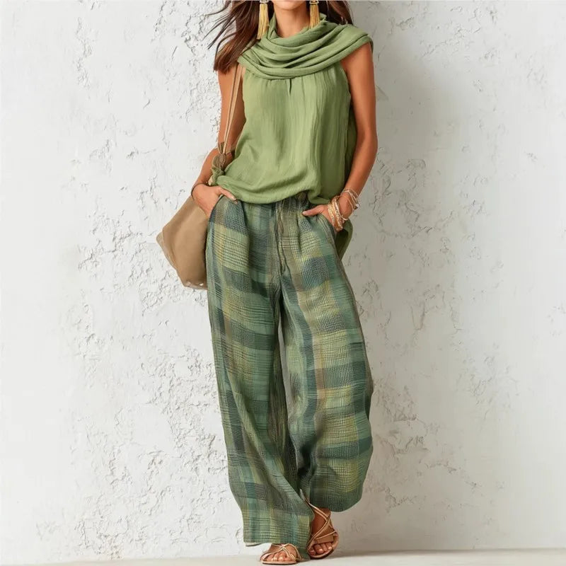 Plaid Wide-Leg Trousers Set
