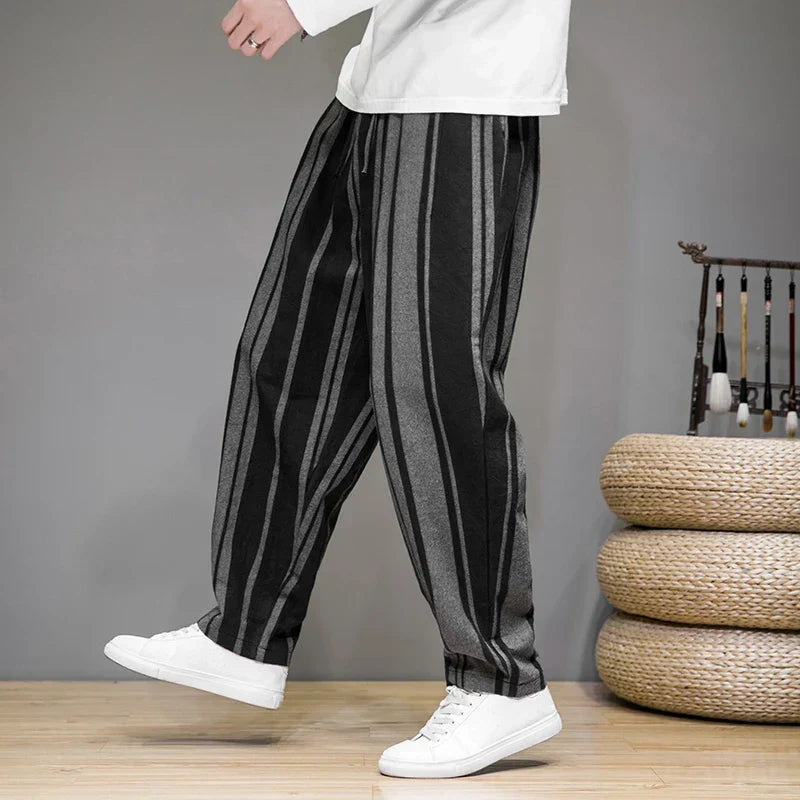 Men's Cropped Trousers Striped Linen Drawstring Elastic Waist Breathable Summer Holiday Casual Beau