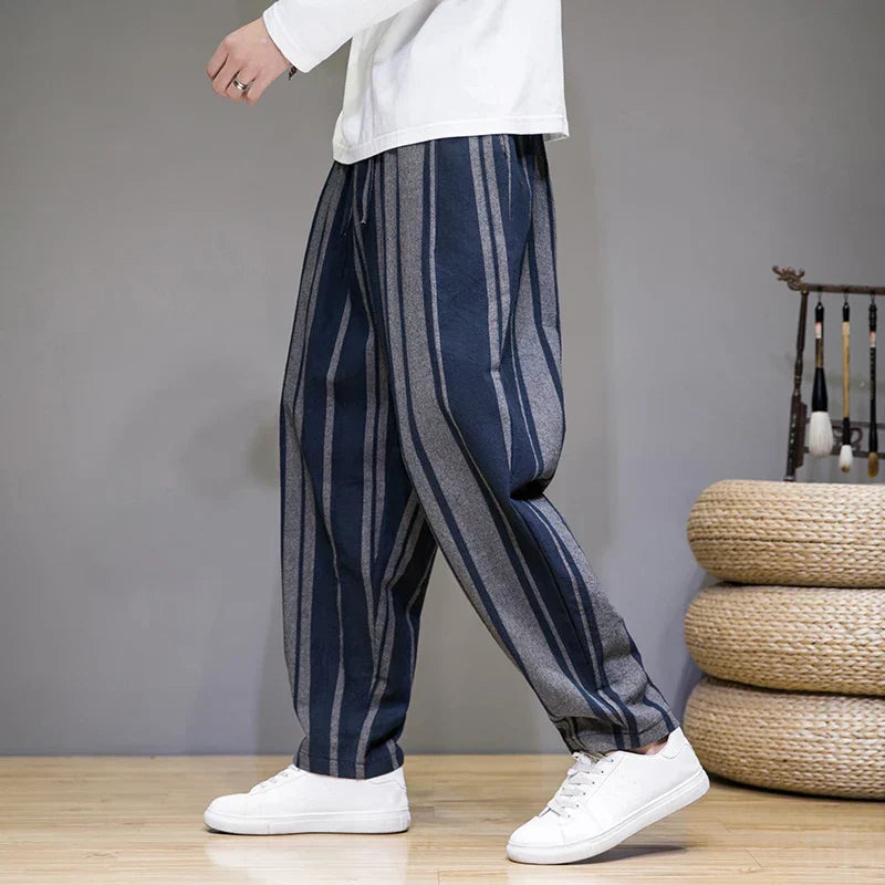 Men's Cropped Trousers Striped Linen Drawstring Elastic Waist Breathable Summer Holiday Casual Beau