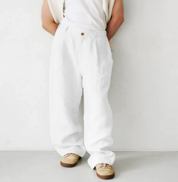 Men's Linen Trousers Relaxed Fit Full Length Drawstring Breathable Summer Holiday Casual Everyday Rex