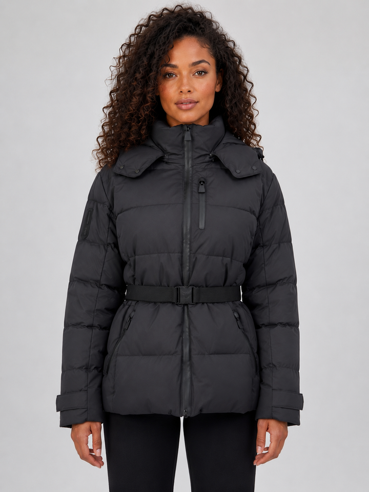 Women’s Belted Hooded Puffer Jacket – Warm Padded Winter Coat