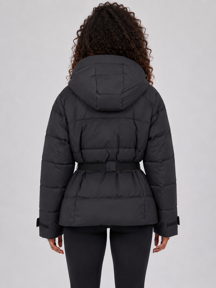 Women’s Belted Hooded Puffer Jacket – Warm Padded Winter Coat