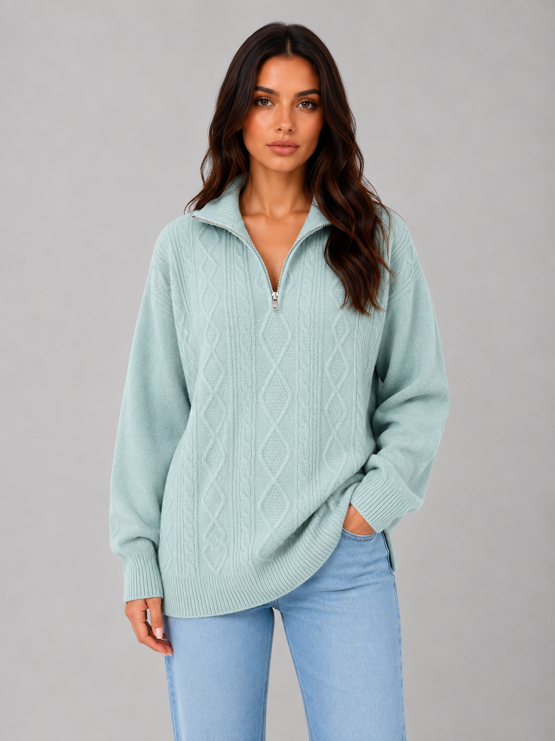 Women's Half Zip Cable Knit Jumper – Chunky Winter Sweater