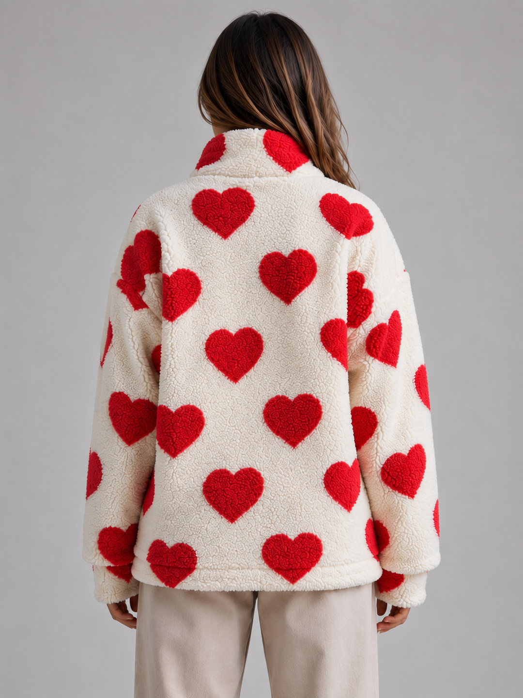 Women’s Heart Print Teddy Fleece Jacket – Zip Up Relaxed Fit Sherpa