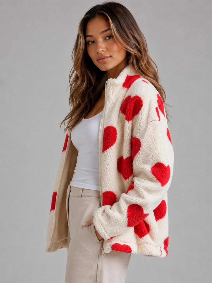 Women’s Heart Print Teddy Fleece Jacket – Zip Up Relaxed Fit Sherpa