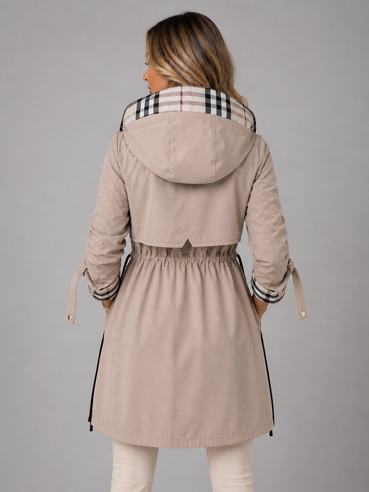 Women’s Hooded Long Jacket – Adjustable Waist Zip Rain Coat