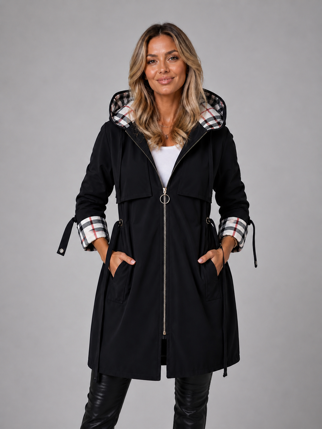 Women’s Hooded Long Jacket – Adjustable Waist Zip Rain Coat