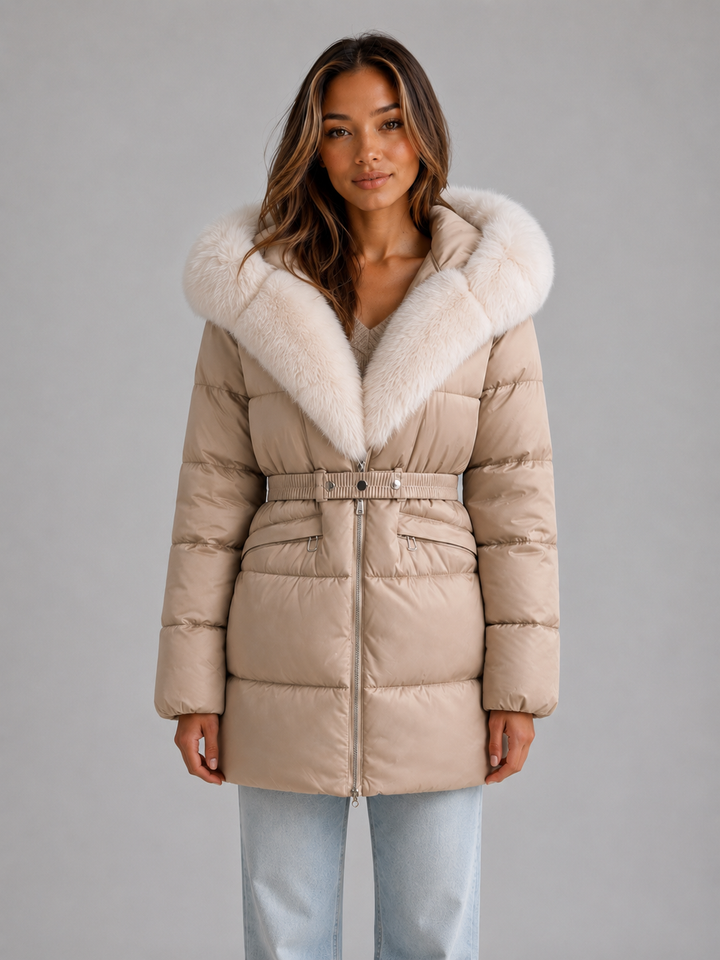 Women’s Hooded Puffer Jacket – Faux Fur Trim Belted Winter Coat