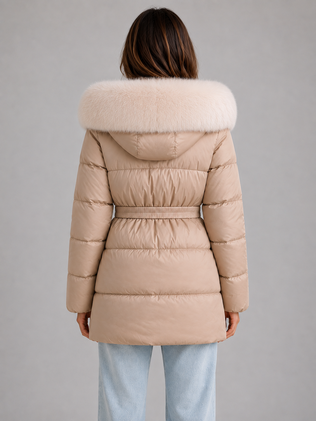 Women’s Hooded Puffer Jacket – Faux Fur Trim Belted Winter Coat