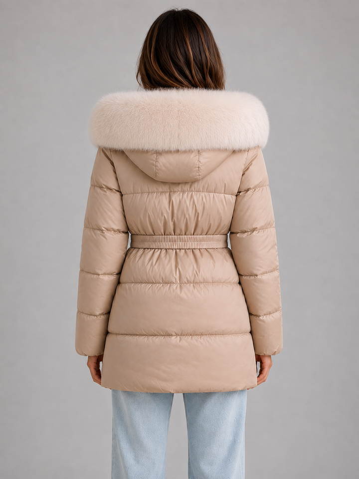 Women’s Hooded Puffer Jacket – Faux Fur Trim Belted Winter Coat