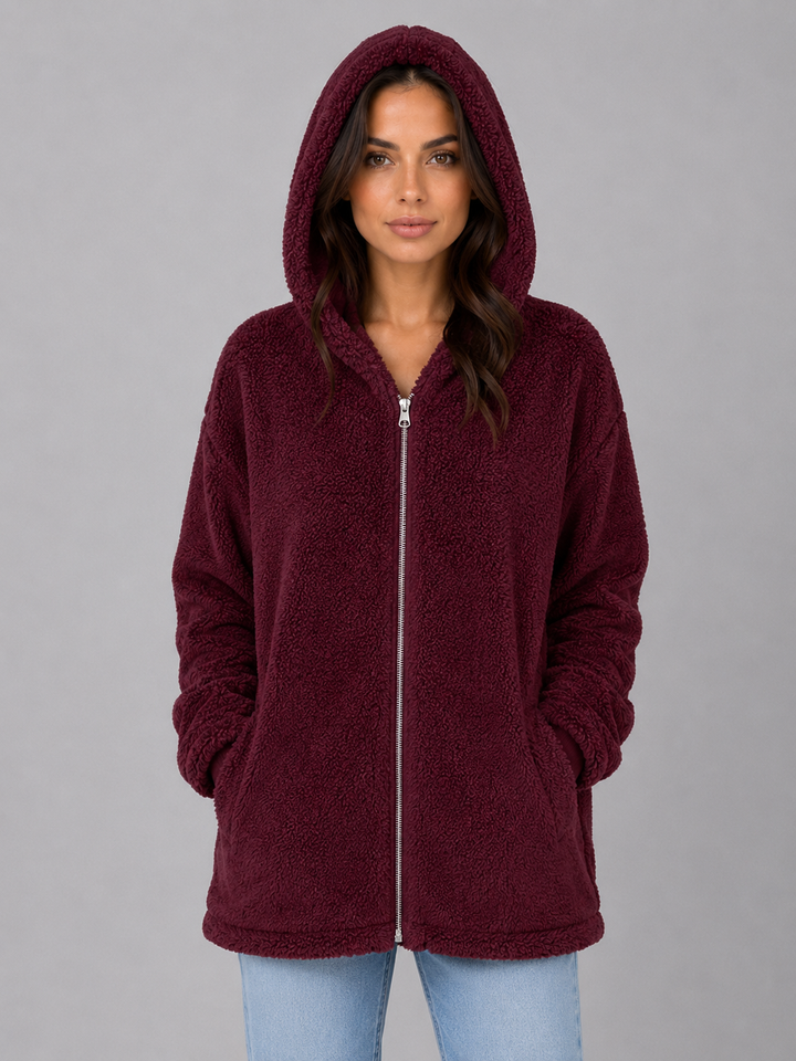 Women's Hooded Teddy Cardigan with Pockets – Longline Zip Plush Jacket