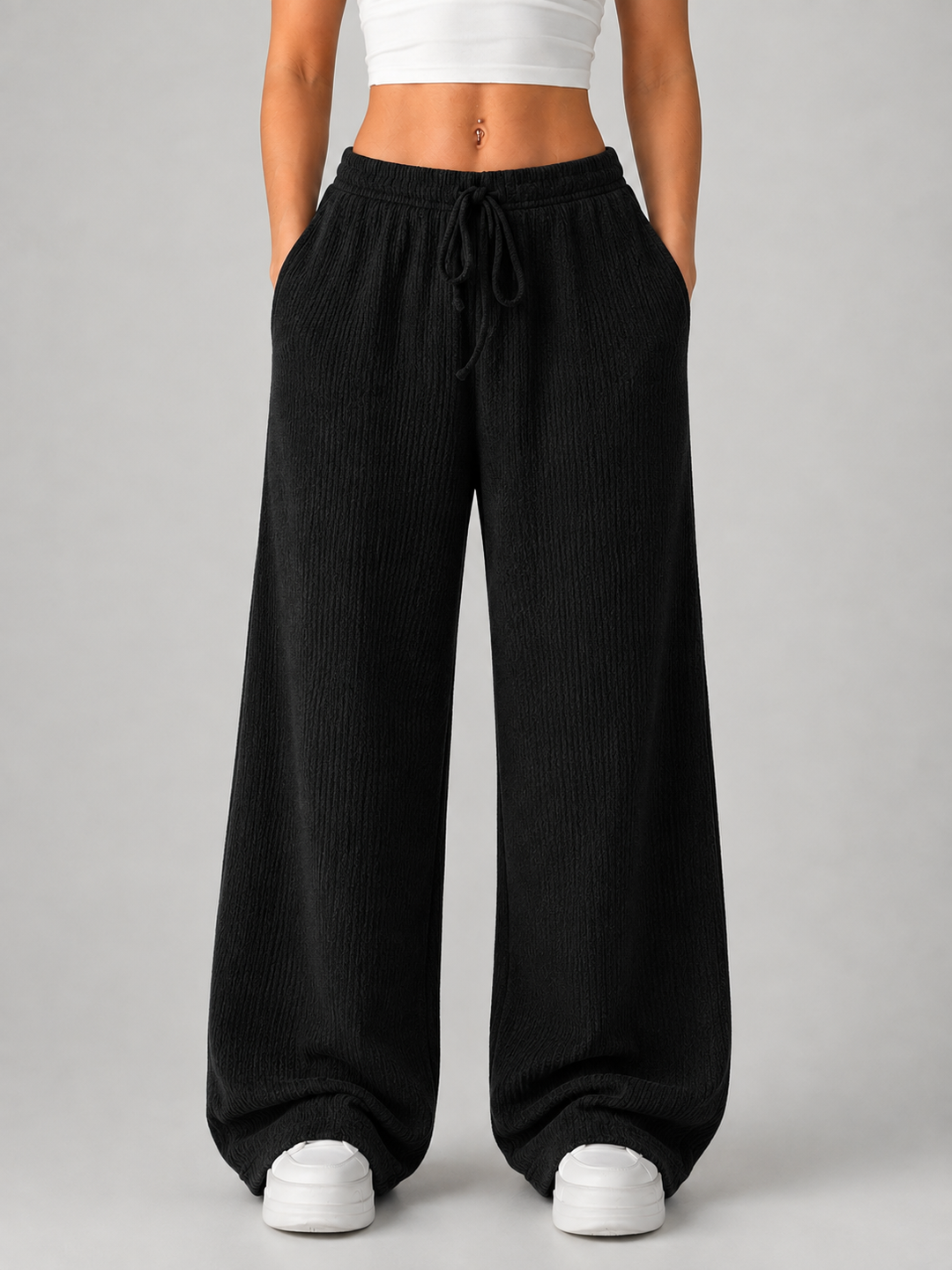 Women’s Knitted Wide Leg Trousers – High Waist Drawstring Pants