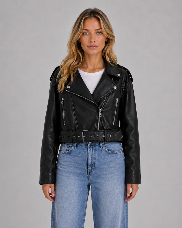 Women's Leather Look Biker Jacket – Relaxed Fit Belted Moto Style