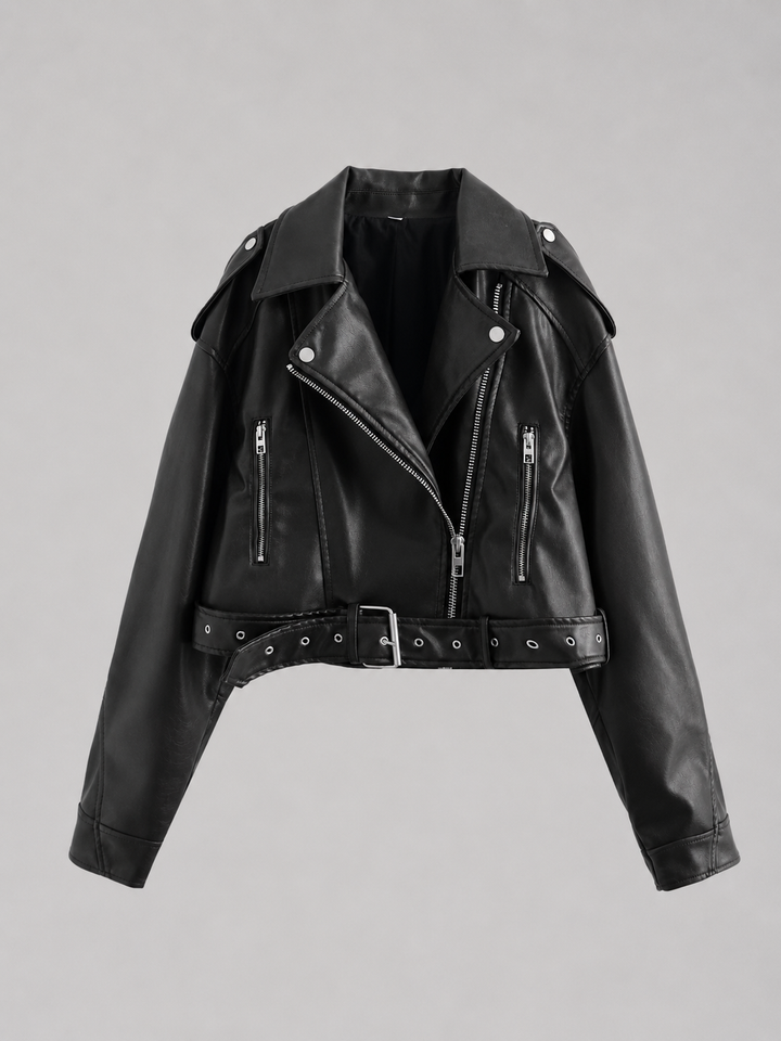 Women's Leather Look Biker Jacket – Relaxed Fit Belted Moto Style