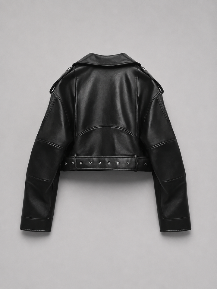 Women's Leather Look Biker Jacket – Relaxed Fit Belted Moto Style