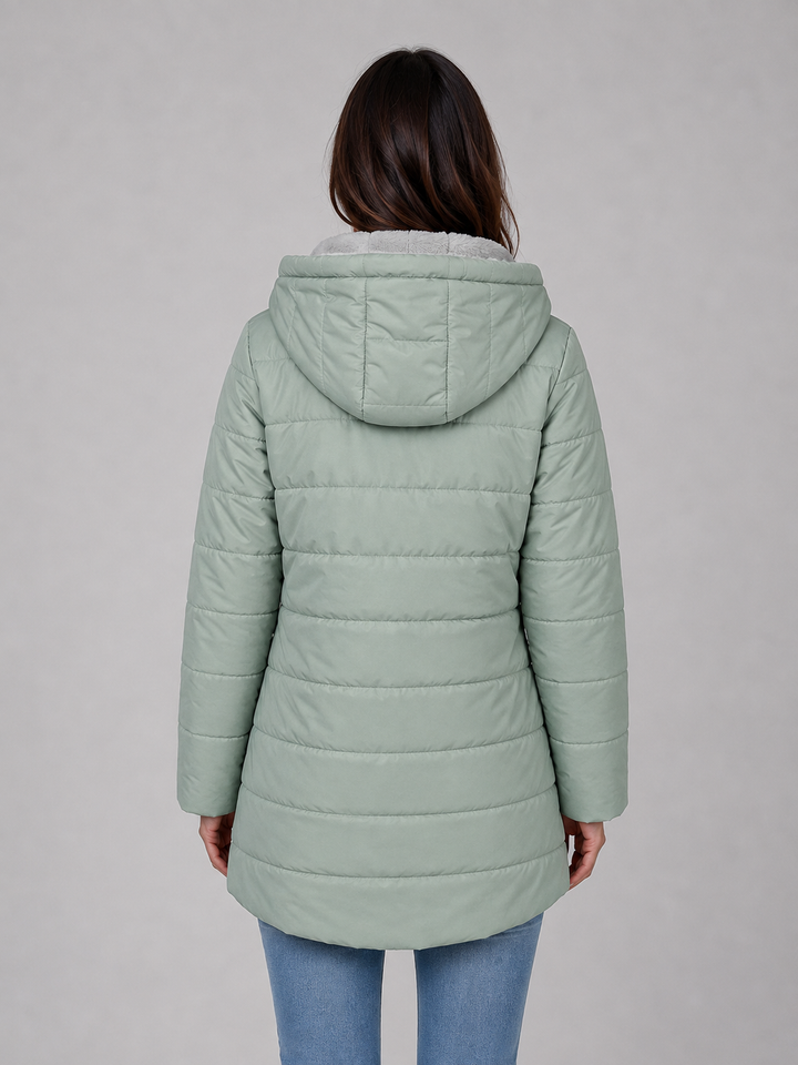 Women’s Longline Quilted Puffer Coat – Hooded Fleece-Lined Winter Jacket