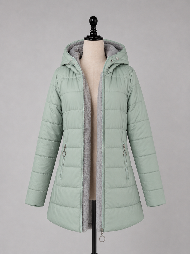 Women’s Longline Quilted Puffer Coat – Hooded Fleece-Lined Winter Jacket