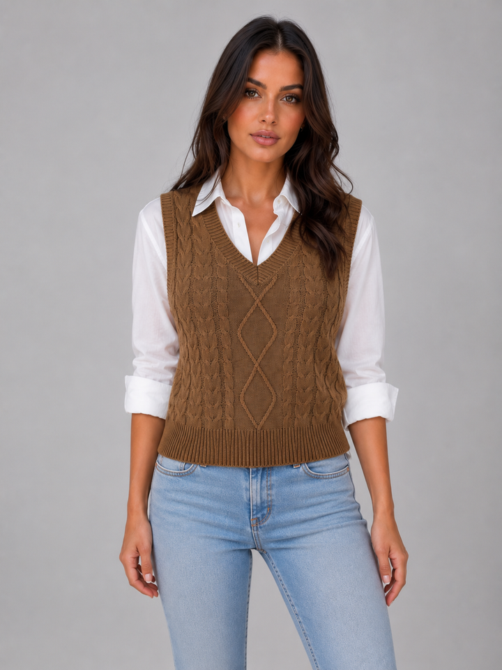 Women's Sleeveless Cable Knit Sweater Vest – V-Neck Knitted Waistcoat