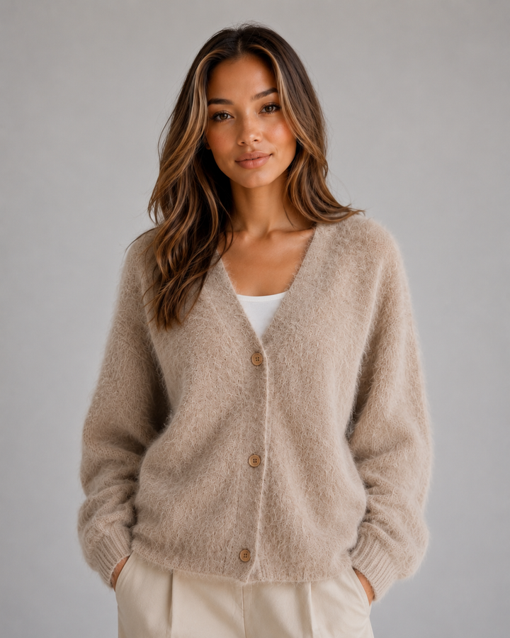 Women's Fluffy Knit Cardigan – Button Front V-Neck Jumper