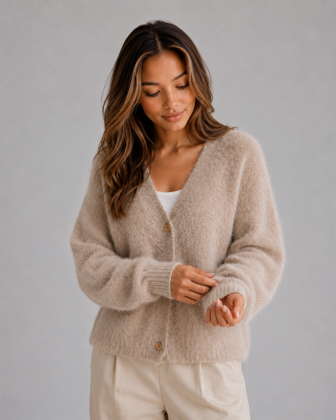 Women's Fluffy Knit Cardigan – Button Front V-Neck Jumper