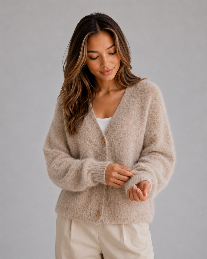 Women's Fluffy Knit Cardigan – Button Front V-Neck Jumper