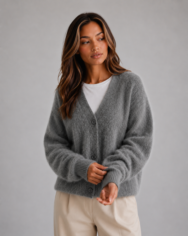 Women's Fluffy Knit Cardigan – Button Front V-Neck Jumper