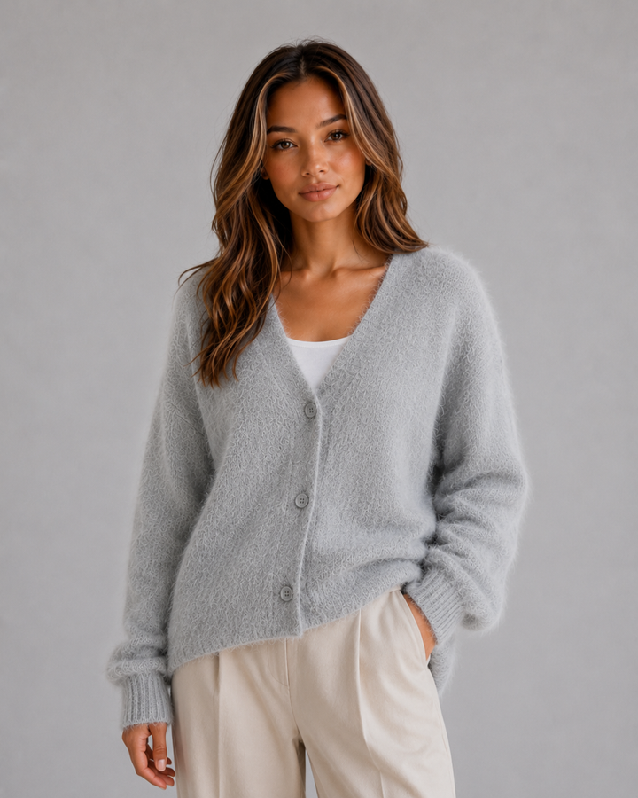 Women's Fluffy Knit Cardigan – Button Front V-Neck Jumper