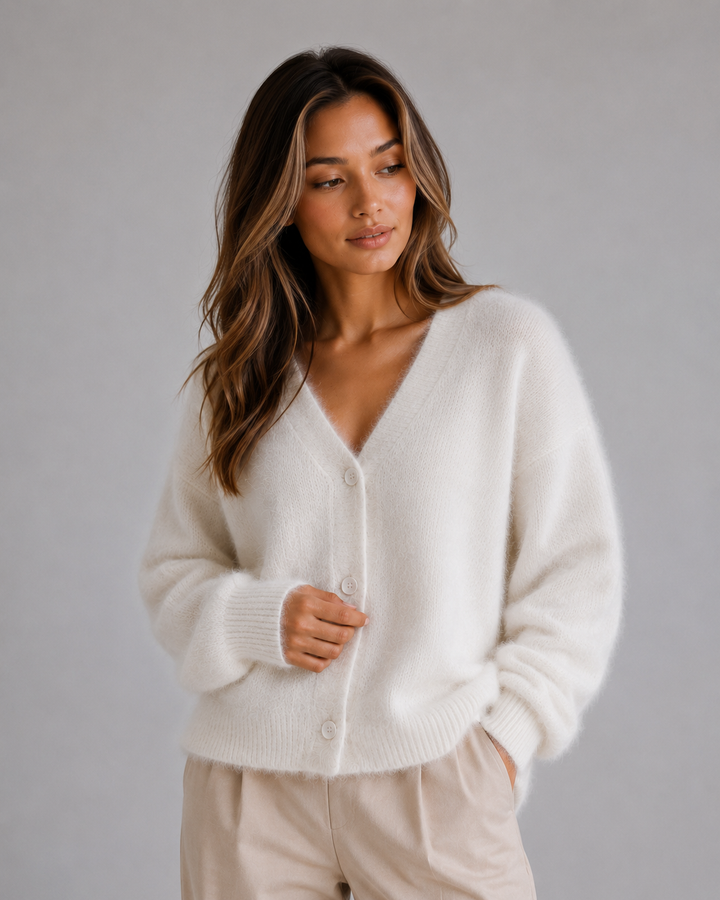 Women's Fluffy Knit Cardigan – Button Front V-Neck Jumper