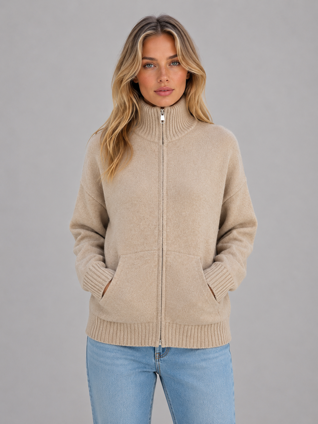 Women's Zip Up Knitted Cardigan – Soft Funnel Neck Knit Jacket