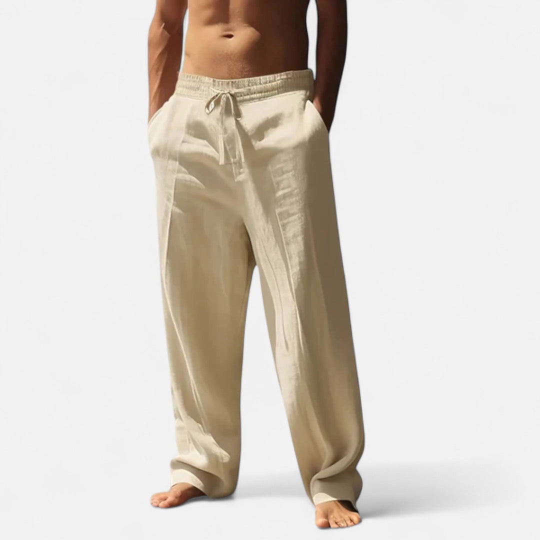 Men's Linen Trousers Relaxed Fit Drawstring Elastic Waist Breathable Summer Holiday Beach Casual Ari