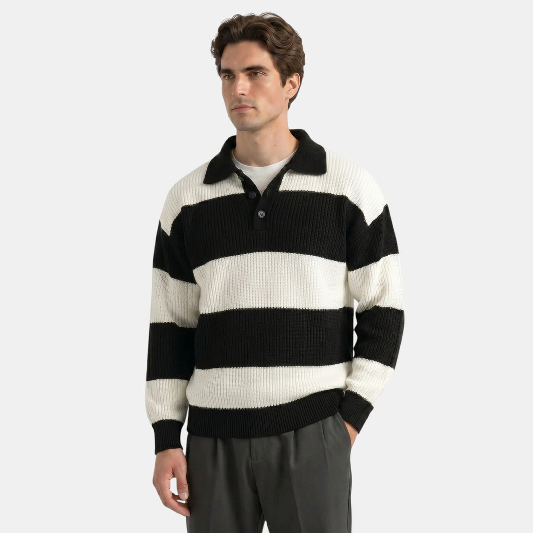 Men's Striped Knit Polo Sweater Loose Fit Collared Ribbed Knitted Casual Smart-Casual Layering Everyday Rafael