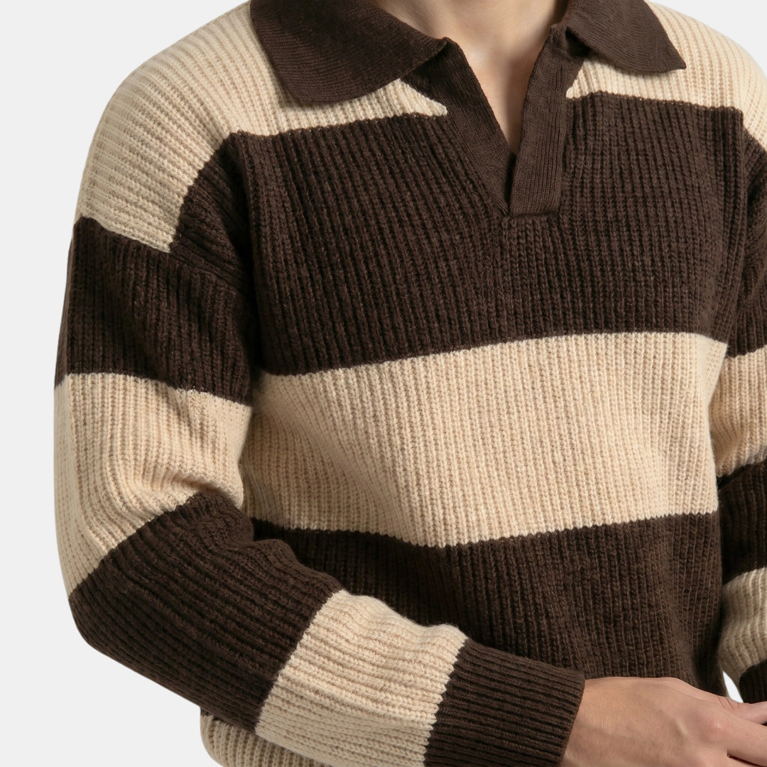Men's Striped Knit Polo Sweater Loose Fit Collared Ribbed Knitted Casual Smart-Casual Layering Everyday Rafael