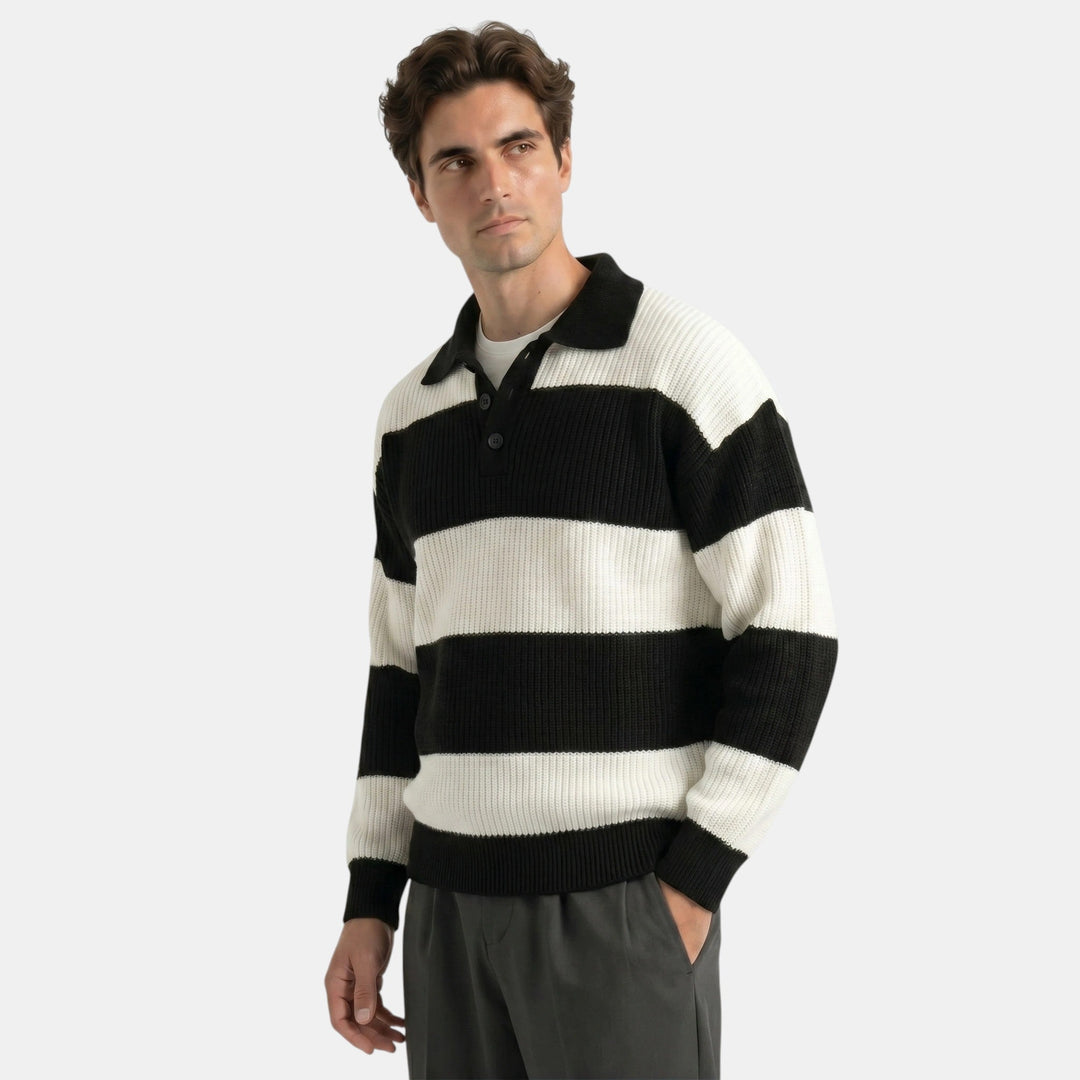Men's Striped Knit Polo Sweater Loose Fit Collared Ribbed Knitted Casual Smart-Casual Layering Everyday Rafael