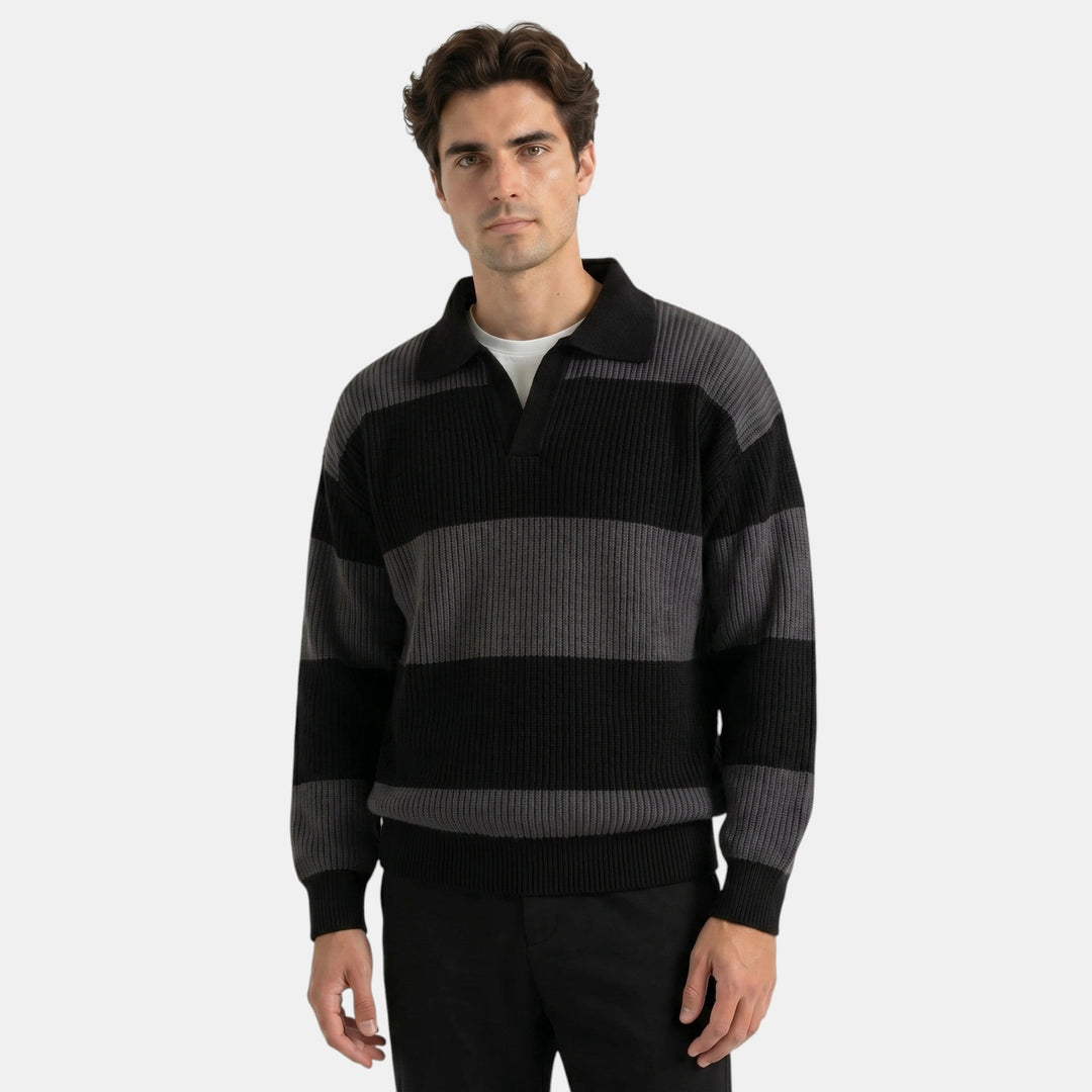 Men's Striped Knit Polo Sweater Loose Fit Collared Ribbed Knitted Casual Smart-Casual Layering Everyday Rafael