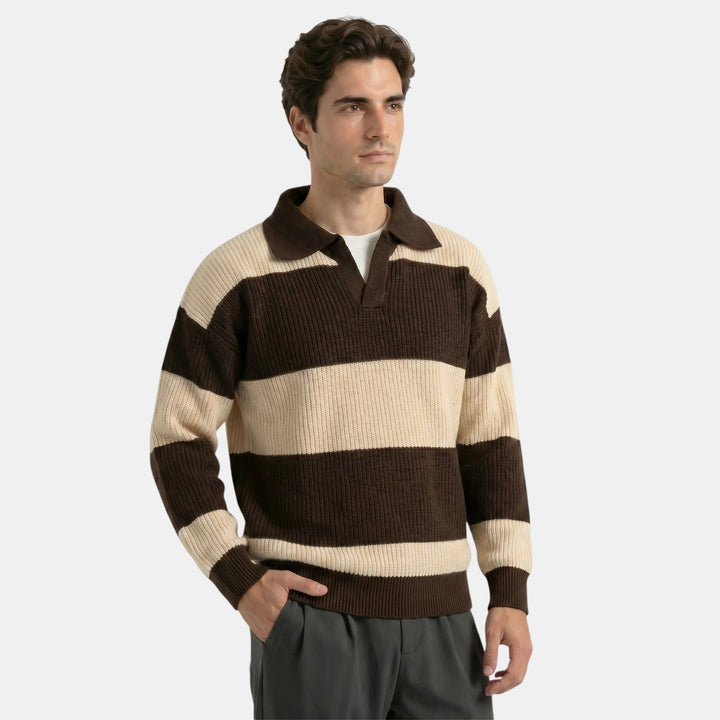 Men's Striped Knit Polo Sweater Loose Fit Collared Ribbed Knitted Casual Smart-Casual Layering Everyday Rafael