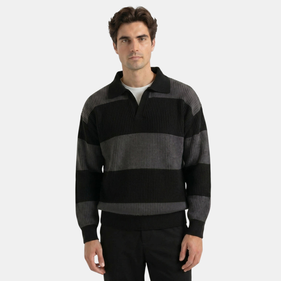 Men's Striped Knit Polo Sweater Loose Fit Collared Ribbed Knitted Casual Smart-Casual Layering Everyday Rafael